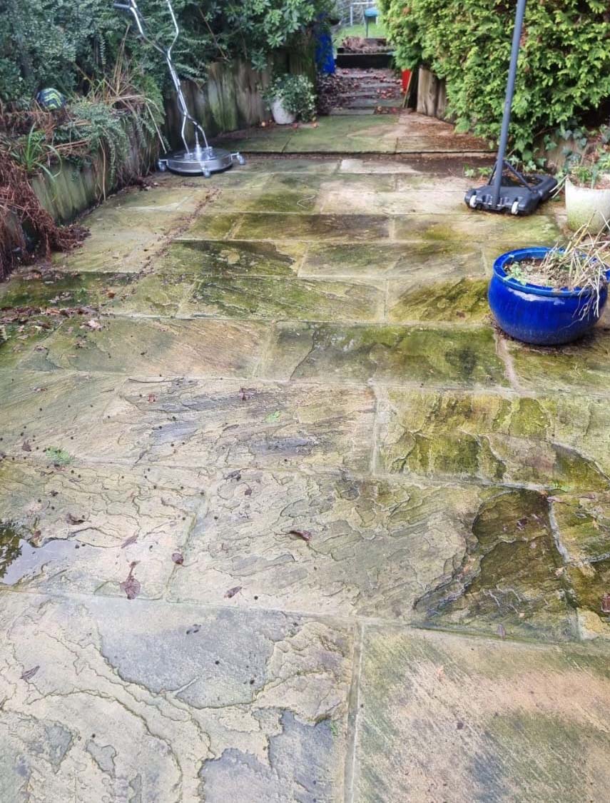 Stone path before being jet washed